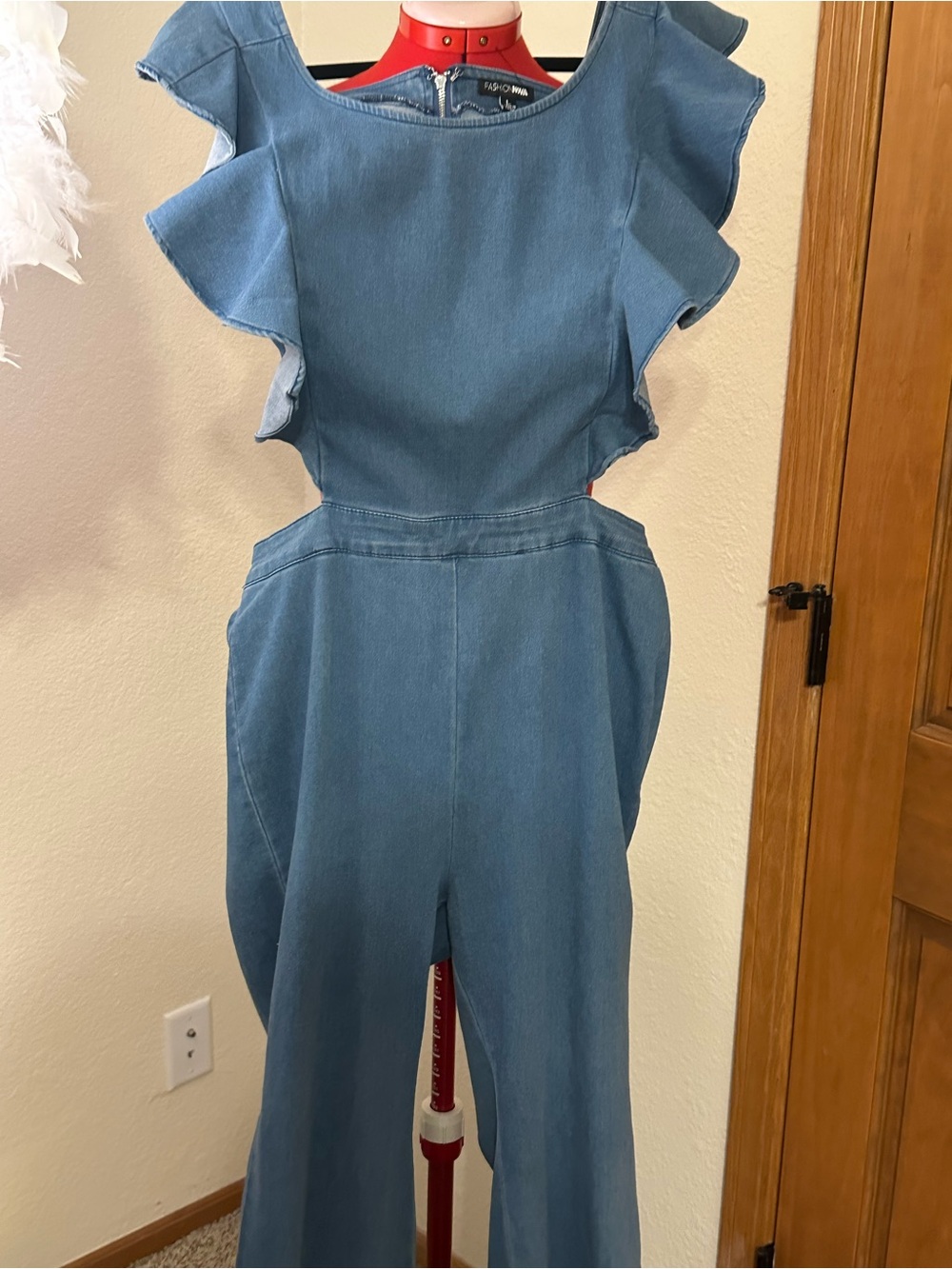 Fashion Nova Denim Ruffle-Sleeve Cutout Jumpsuit - Blue - Picture 3 of 4